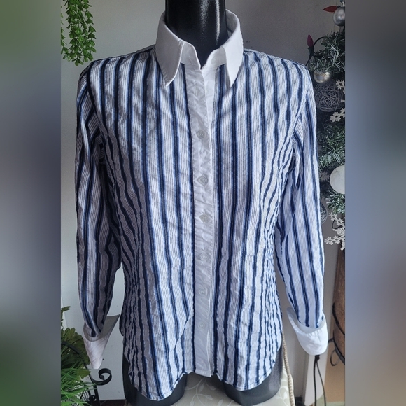 Diane Gilman Collection Blue and White Striped Button Up Shirt M - Picture 1 of 7